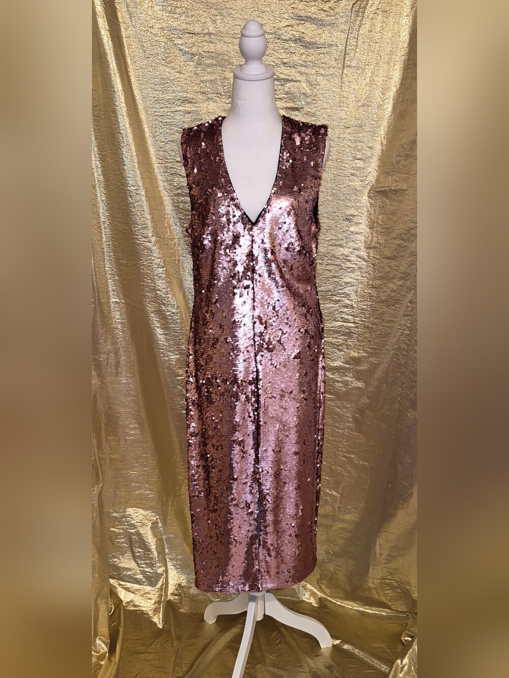 H&M Rose Gold Sequin V-Neck Midi Dress